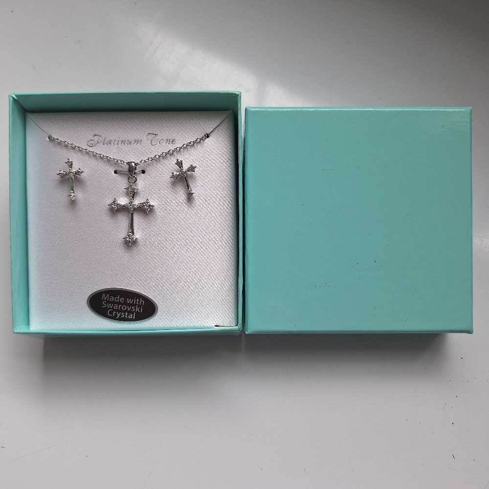 Silver Cross Jewelry Set with Swarovski Crystals